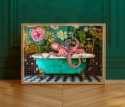 Octopus In A Bathtub Horizontal Print - Landscape Bathroom Artwork Blue Ocean Art Funny Washroom Decor