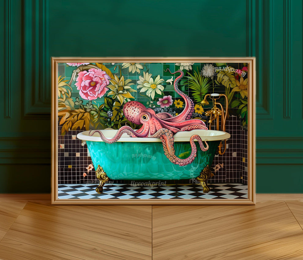 Octopus In A Bathtub Horizontal Print - Landscape Bathroom Artwork Blue Ocean Art Funny Washroom Decor