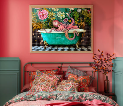 Octopus In A Bathtub Horizontal Print - Landscape Bathroom Artwork Blue Ocean Art Funny Washroom Decor