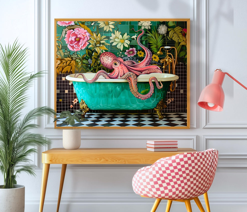 Octopus In A Bathtub Horizontal Print - Landscape Bathroom Artwork Blue Ocean Art Funny Washroom Decor