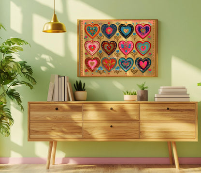 Sacred Hearts Art Print – Gold Boho Funky Wall Decor Horizontal Artwork For Over The Couch