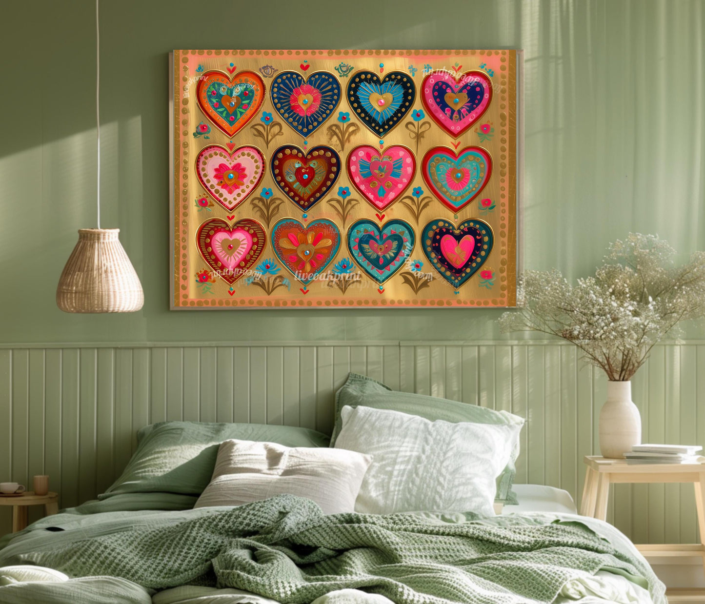 Sacred Hearts Art Print – Gold Boho Funky Wall Decor Horizontal Artwork For Over The Couch