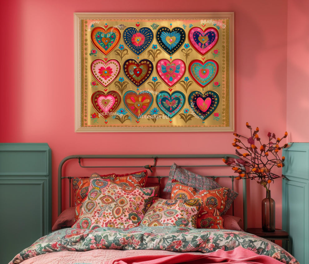 Sacred Hearts Art Print – Gold Boho Funky Wall Decor Horizontal Artwork For Over The Couch