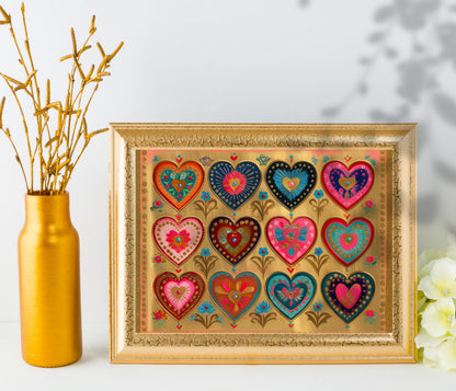 Sacred Hearts Art Print – Gold Boho Funky Wall Decor Horizontal Artwork For Over The Couch