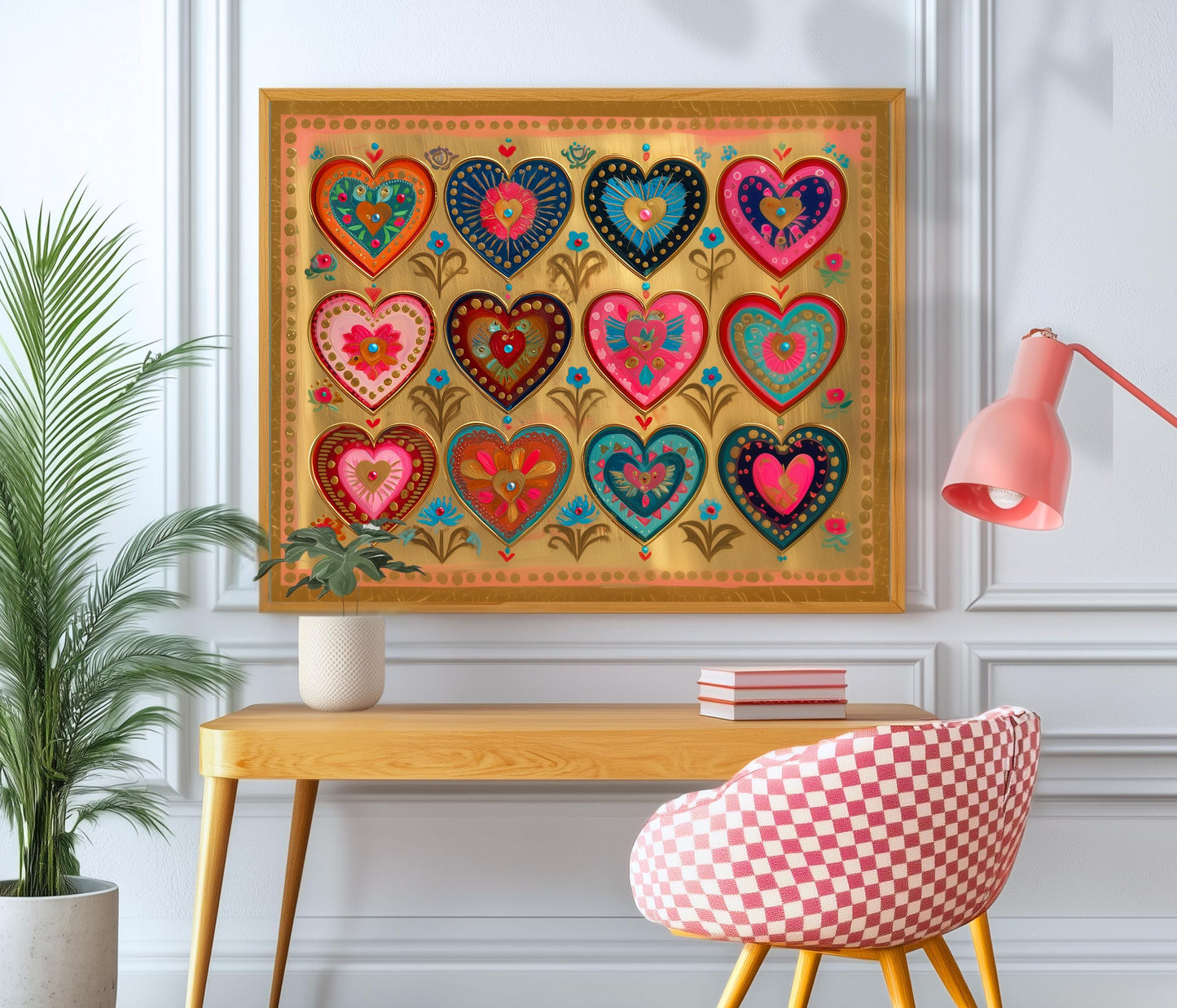 Sacred Hearts Art Print – Gold Boho Funky Wall Decor Horizontal Artwork For Over The Couch