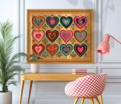 Sacred Hearts Art Print – Gold Boho Funky Wall Decor Horizontal Artwork For Over The Couch