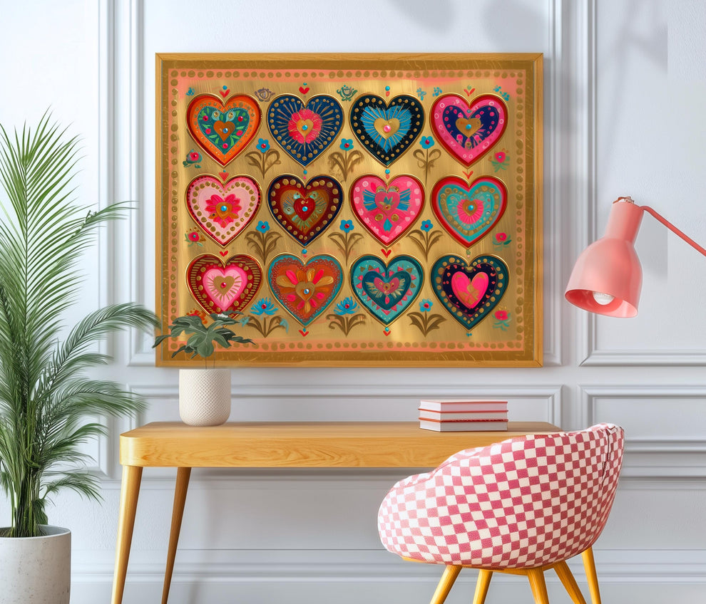 Sacred Hearts Art Print – Gold Boho Funky Wall Decor Horizontal Artwork For Over The Couch