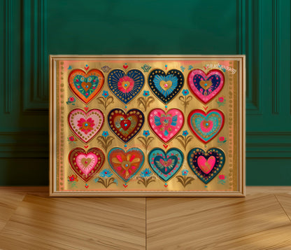 Sacred Hearts Art Print – Gold Boho Funky Wall Decor Horizontal Artwork For Over The Couch