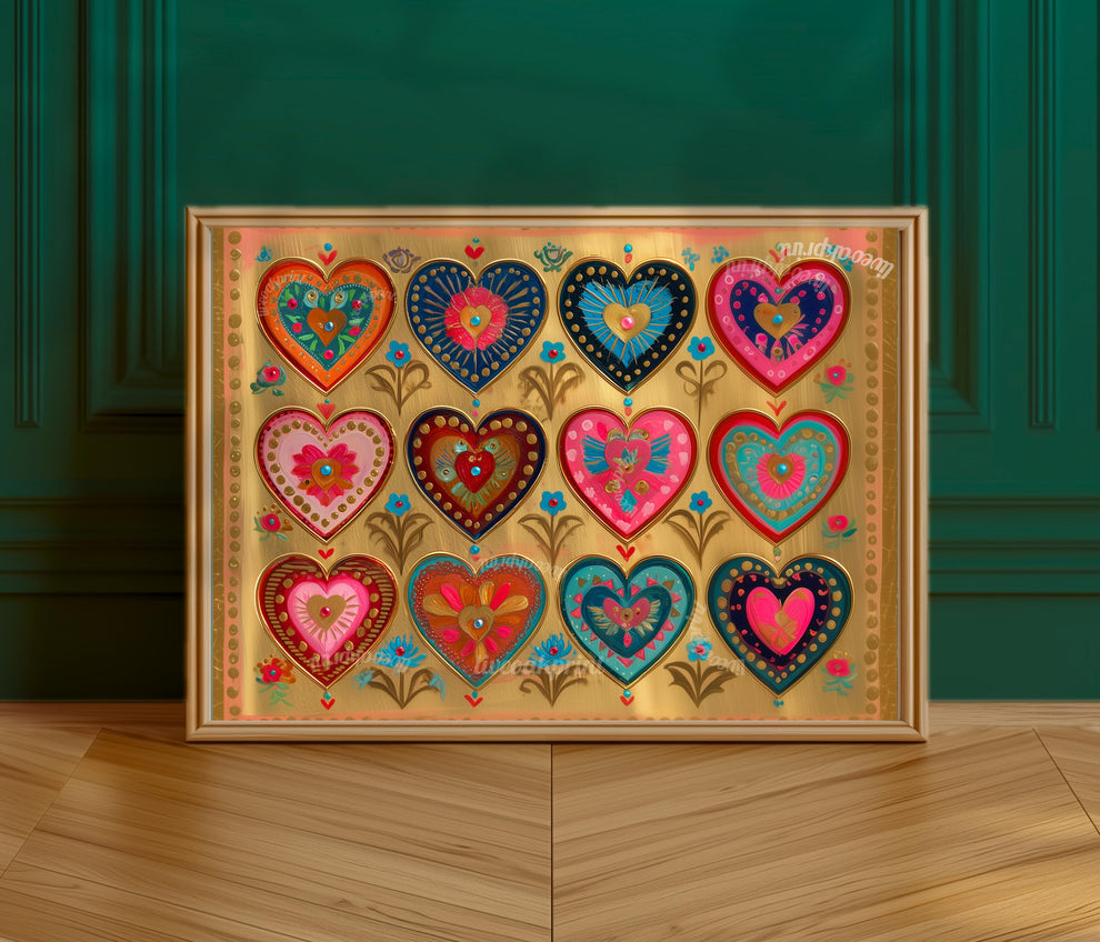 Sacred Hearts Art Print – Gold Boho Funky Wall Decor Horizontal Artwork For Over The Couch