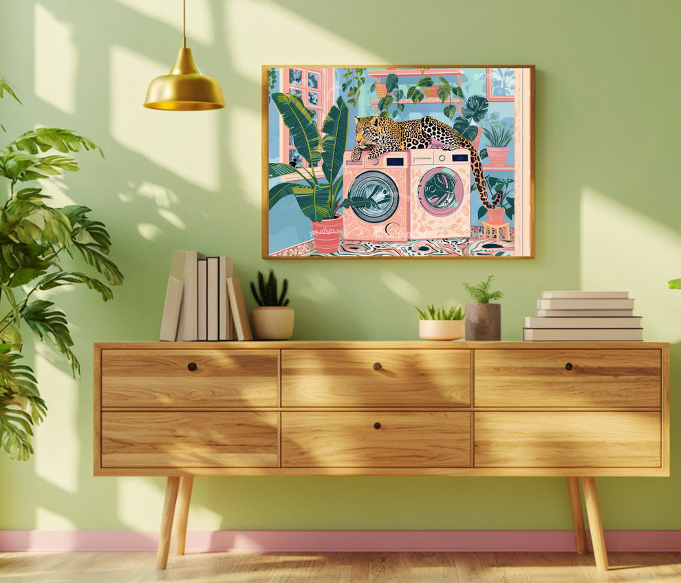 Leopard Art Print For Laundry Room - Horizontal Laundry Room Wall Art Blue and Pink Pastel Decor Cheetah