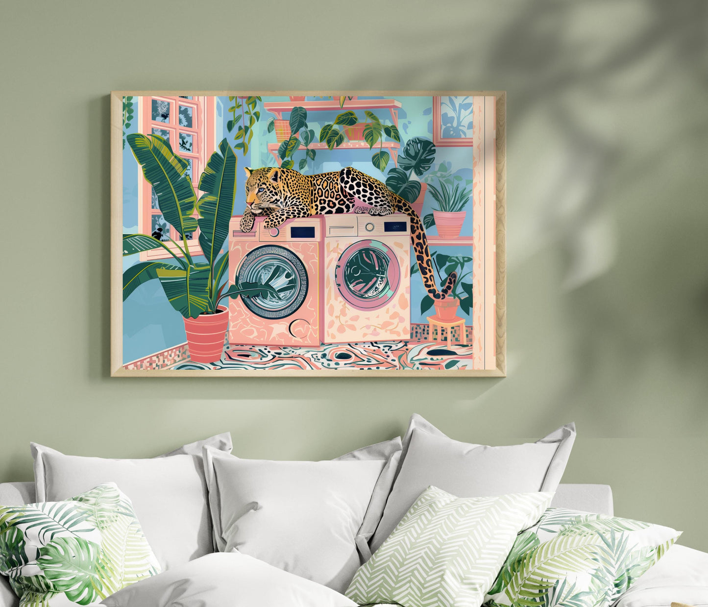 Leopard Art Print For Laundry Room - Horizontal Laundry Room Wall Art Blue and Pink Pastel Decor Cheetah
