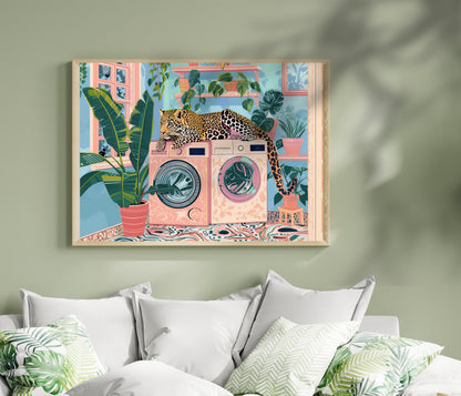 Leopard Art Print For Laundry Room - Horizontal Laundry Room Wall Art Blue and Pink Pastel Decor Cheetah