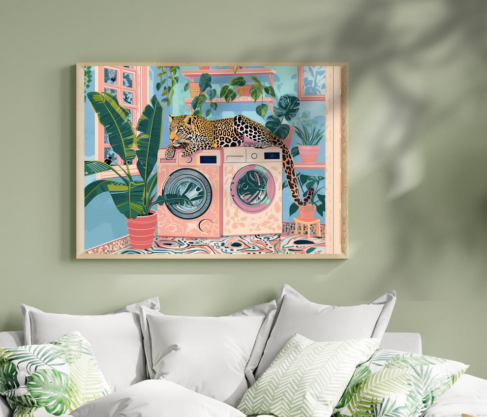 Leopard Art Print For Laundry Room - Horizontal Laundry Room Wall Art Blue and Pink Pastel Decor Cheetah