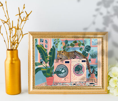 Leopard Art Print For Laundry Room - Horizontal Laundry Room Wall Art Blue and Pink Pastel Decor Cheetah