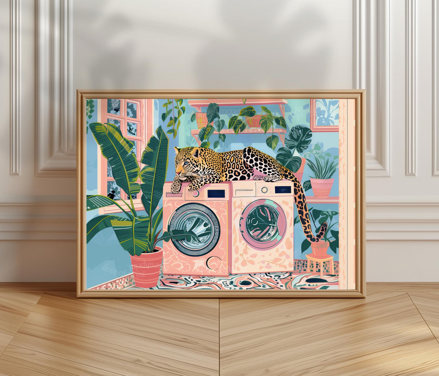 Leopard Art Print For Laundry Room - Horizontal Laundry Room Wall Art Blue and Pink Pastel Decor Cheetah