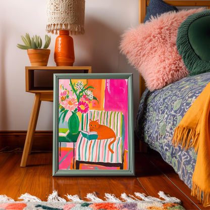 Orange Cat Reading Print – Orange Cat Wall Art Ginger Cat Cozy Reading Nook Decor Orange Cat Gift for Book Lovers Dopamine Bookish Wall Art