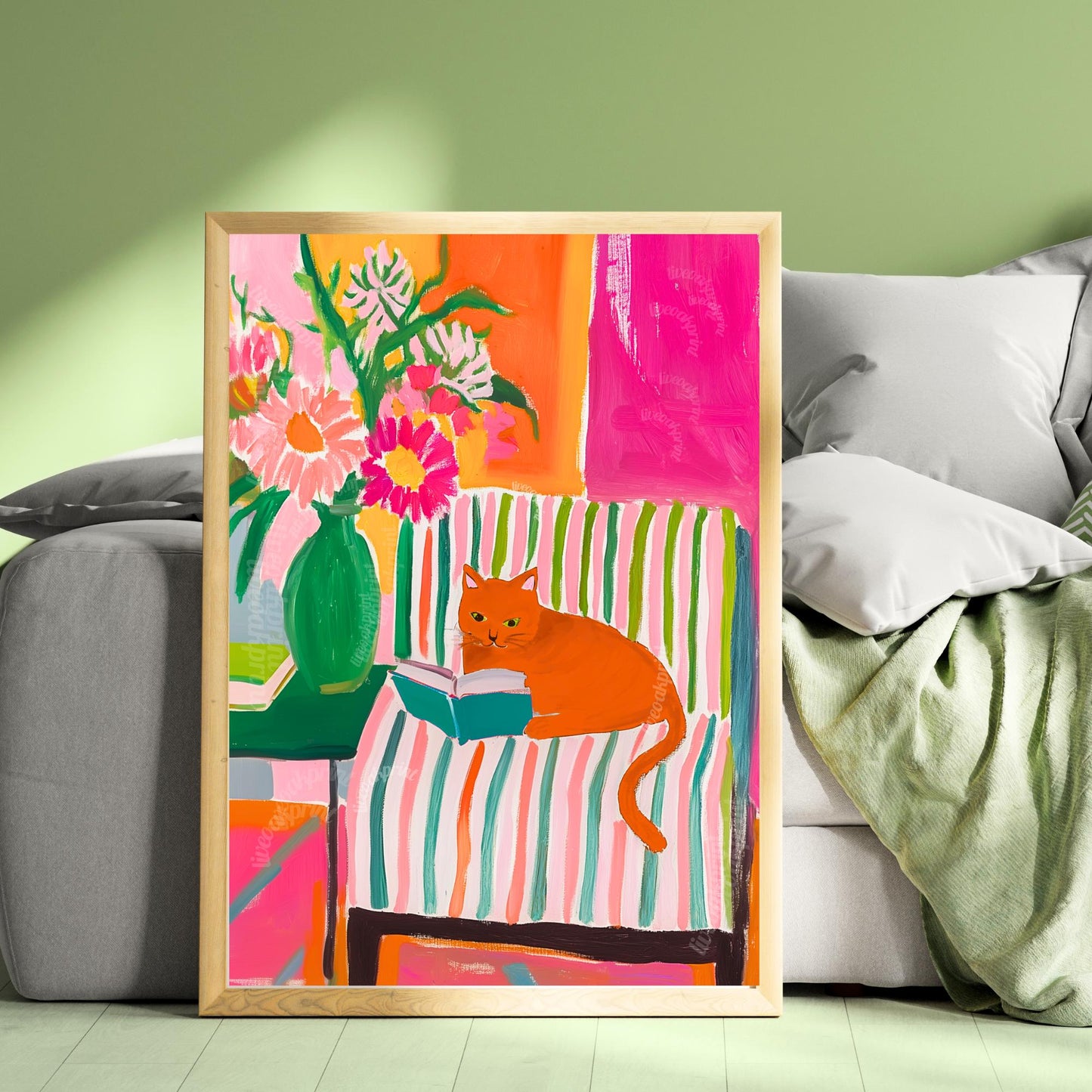 Orange Cat Reading Print – Orange Cat Wall Art Ginger Cat Cozy Reading Nook Decor Orange Cat Gift for Book Lovers Dopamine Bookish Wall Art