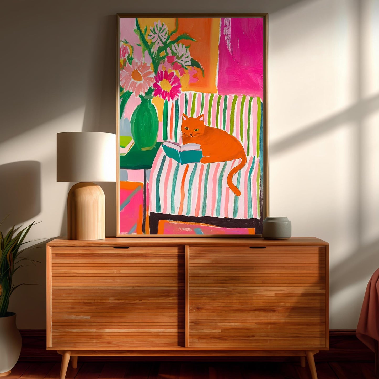 Orange Cat Reading Print – Orange Cat Wall Art Ginger Cat Cozy Reading Nook Decor Orange Cat Gift for Book Lovers Dopamine Bookish Wall Art