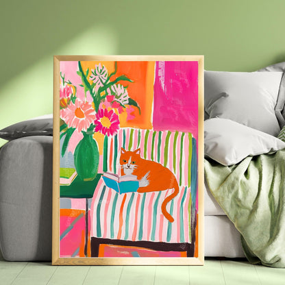 Orange and White Cat Reading Print – Orange Cat Wall Art Ginger Cat Cozy Reading Nook Decor Orange and White Cat Gift for Book Lovers