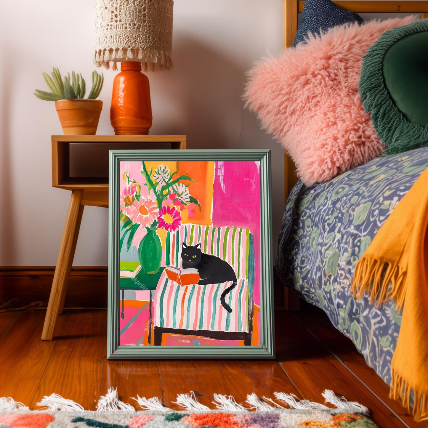 Black Cat Reading Print – Black Cat Wall Art Cozy Reading Nook Decor Black Cat Gift for Book Lovers Dopamine Bookish Wall Art