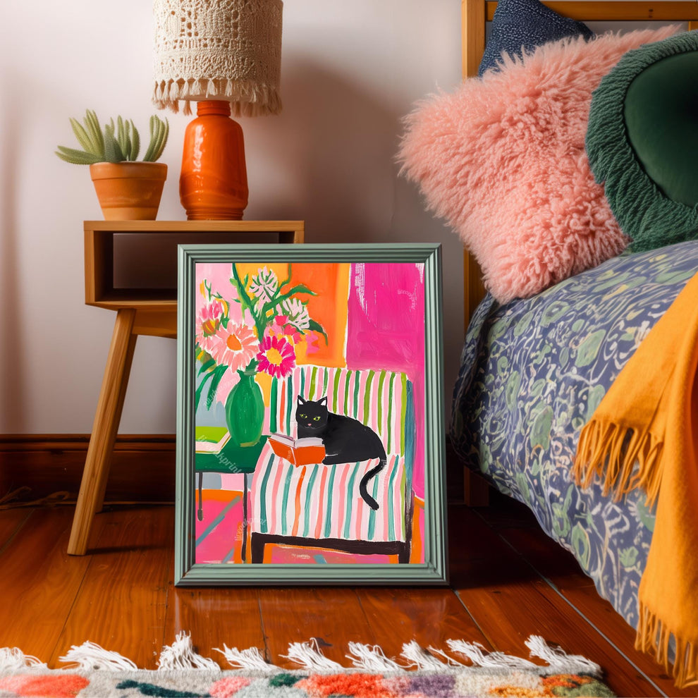 Black Cat Reading Print – Black Cat Wall Art Cozy Reading Nook Decor Black Cat Gift for Book Lovers Dopamine Bookish Wall Art