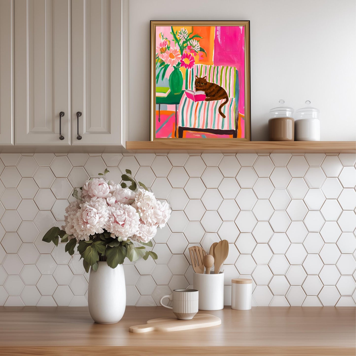 Brown Tabby Cat Reading Print – Brown Tabby Wall Art Cozy Reading Nook Decor Tabby Cat Gift for Book Lovers Dopamine Bookish Wall Art