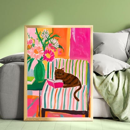Brown Tabby Cat Reading Print – Brown Tabby Wall Art Cozy Reading Nook Decor Tabby Cat Gift for Book Lovers Dopamine Bookish Wall Art