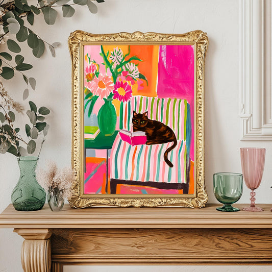 Tortoiseshell Cat Reading Print – Tortie Cat Wall Art Cozy Reading Nook Decor Tortoiseshell Cat Gift for Book Lovers Dopamine Cat Decor