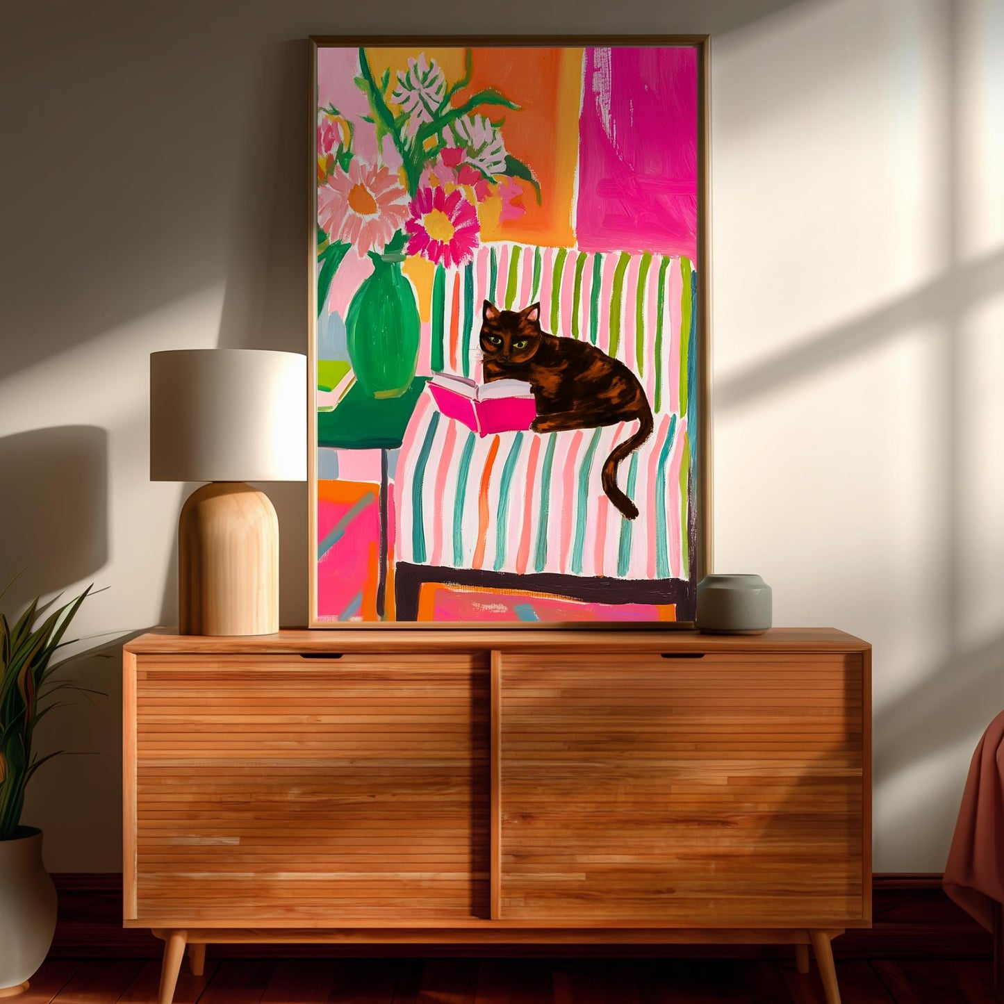Tortoiseshell Cat Reading Print – Tortie Cat Wall Art Cozy Reading Nook Decor Tortoiseshell Cat Gift for Book Lovers Dopamine Cat Decor
