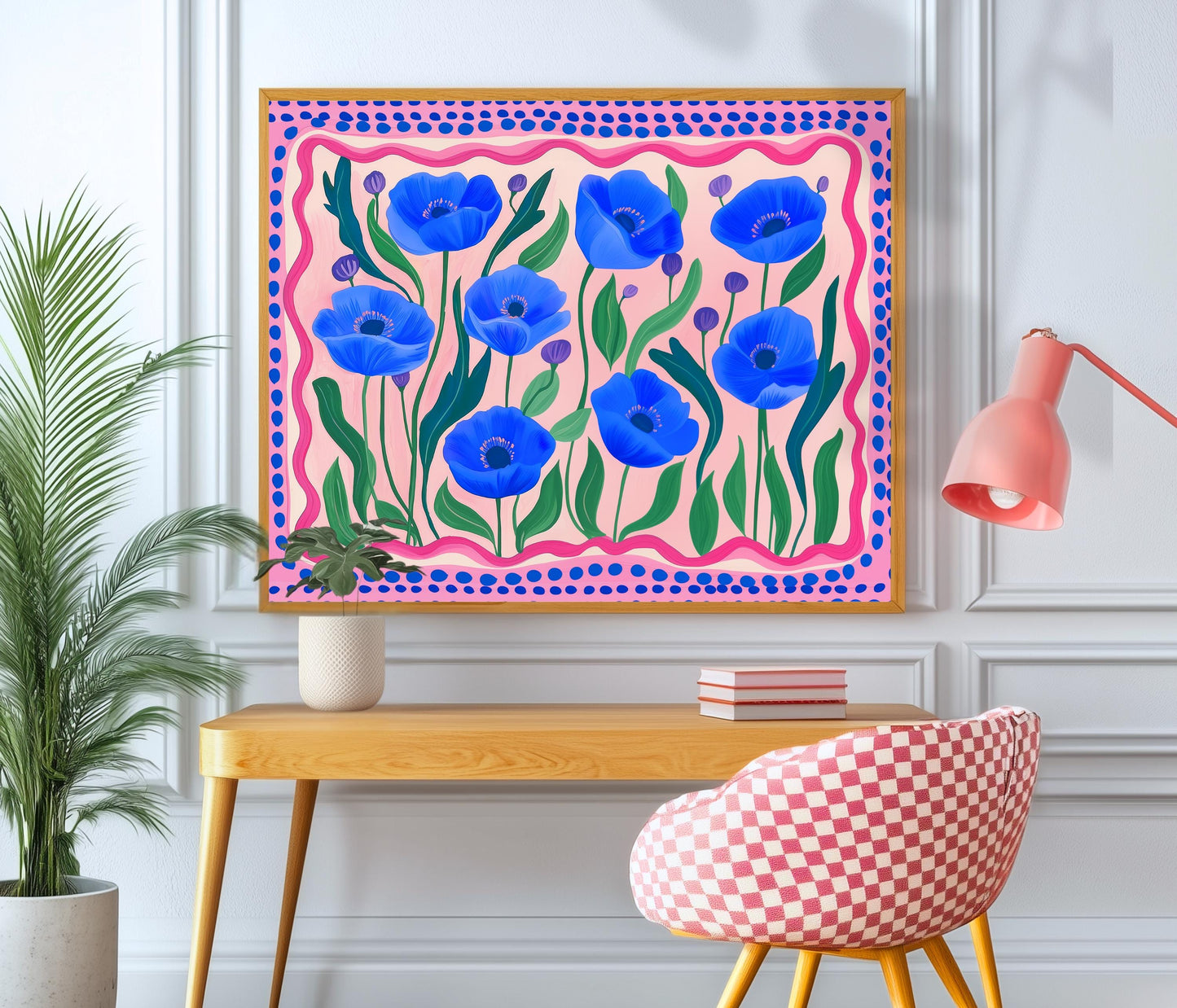 Horizontal Wall Art Blue and Pink Poppies - Colorful Landscape Print Over The Bed or Couch