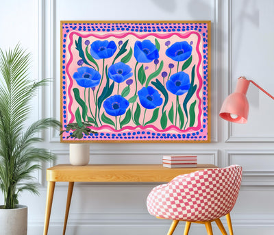 Horizontal Wall Art Blue and Pink Poppies