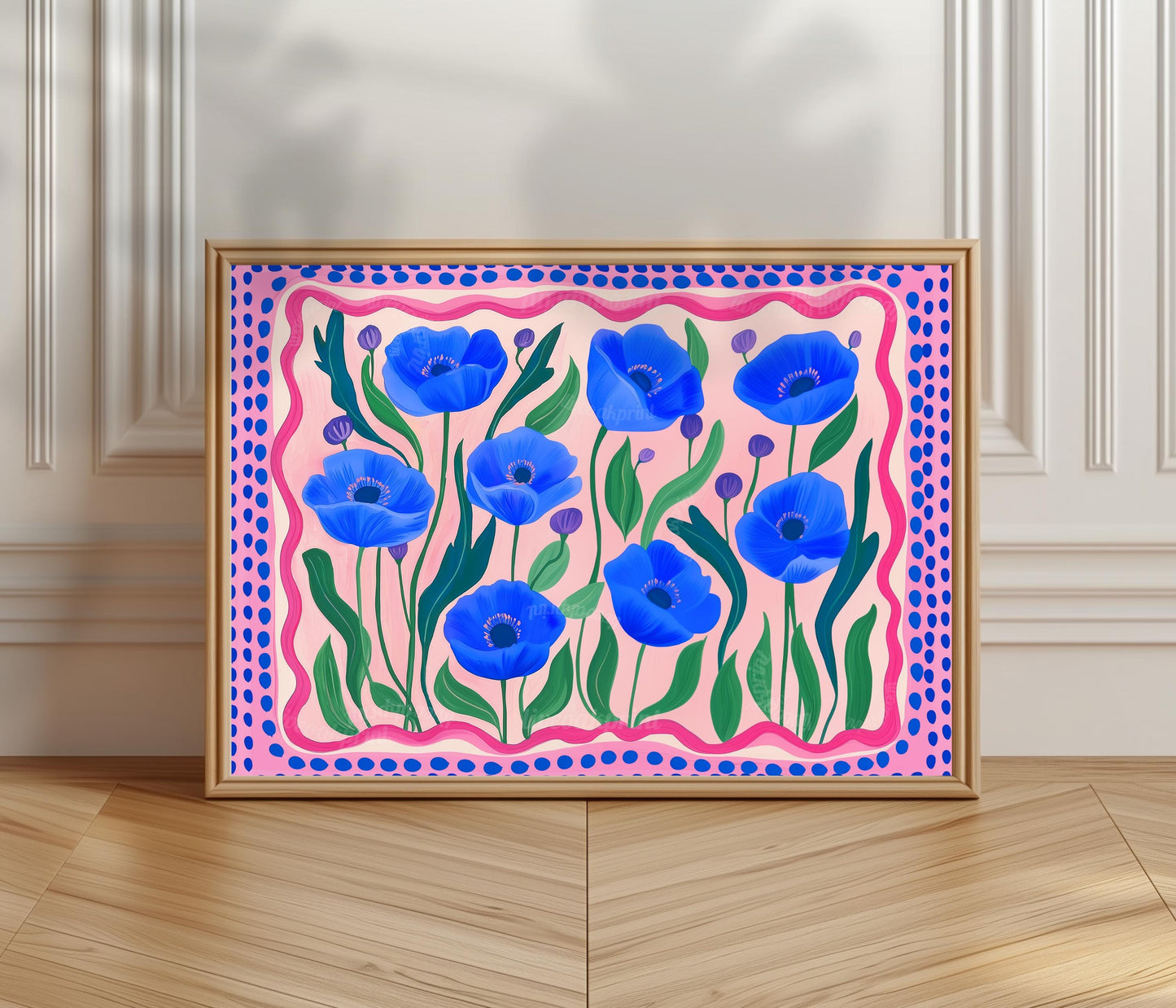 Horizontal Wall Art Blue and Pink Poppies - Colorful Landscape Print Over The Bed or Couch