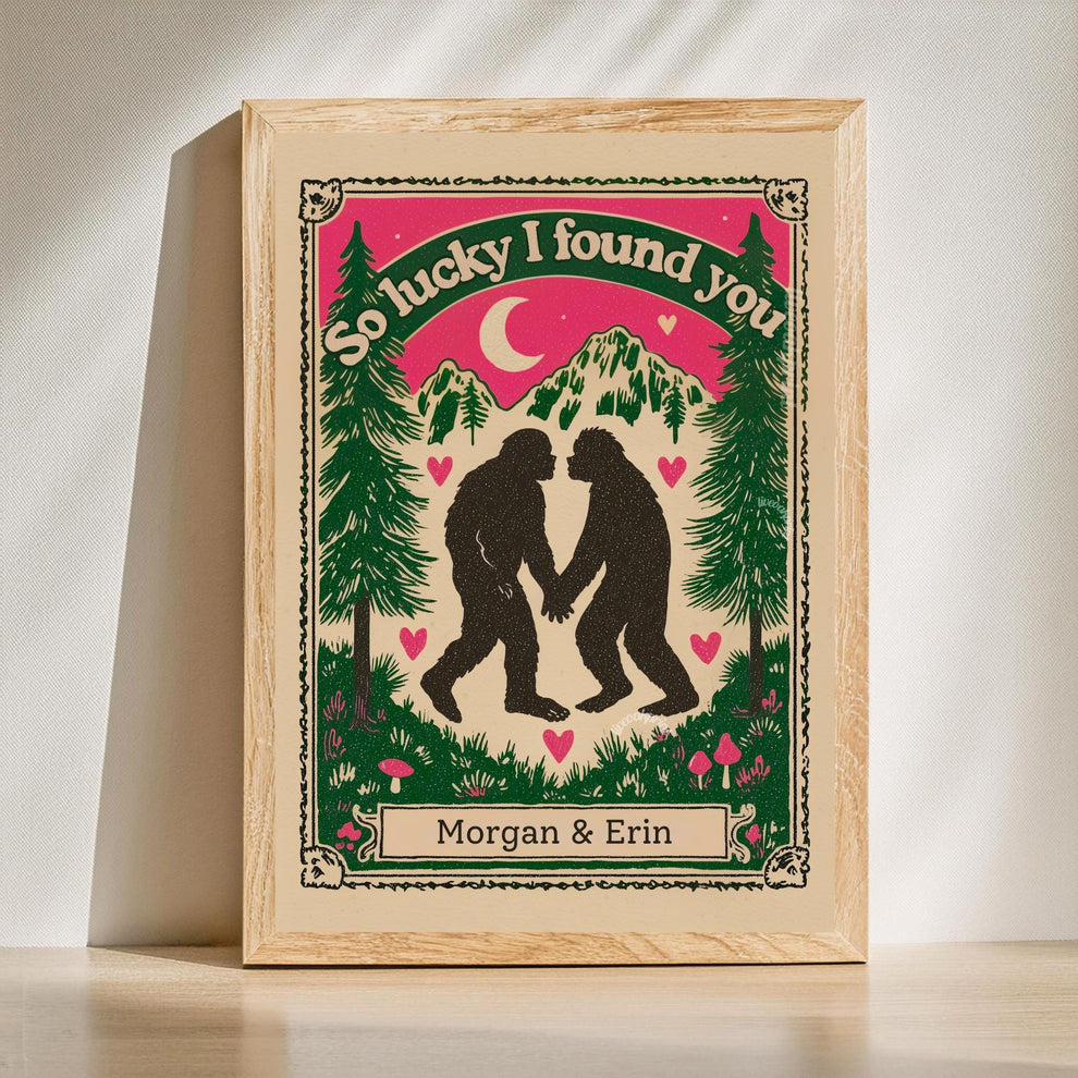 Personalized Bigfoot Couple Art Print – Custom Name Gift for Outdoorsy Couples Anniversary Decor PNW Gift
