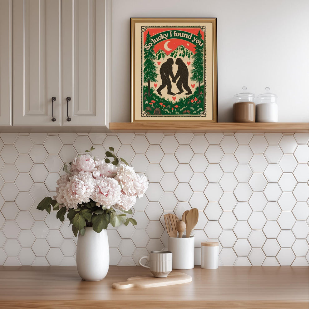 Bigfoot Wall Art - Bigfoot Valentine's Day Gift Sasquatch Wall Decor PNW Gift Ideas Romantic Couple Print