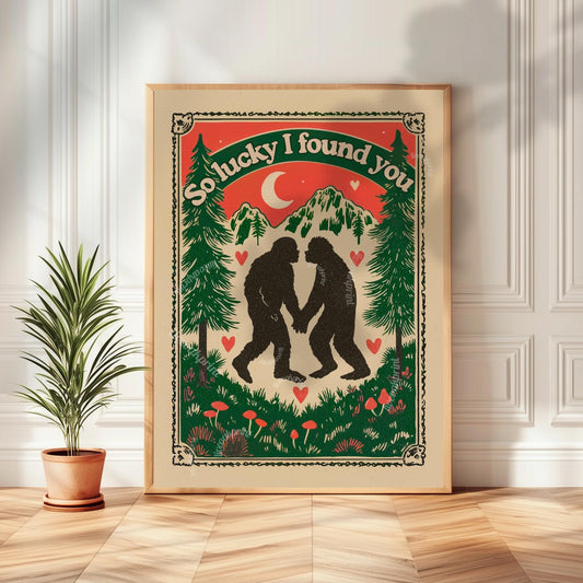 Bigfoot Wall Art - Bigfoot Valentine's Day Gift Sasquatch Wall Decor PNW Gift Ideas Romantic Couple Print