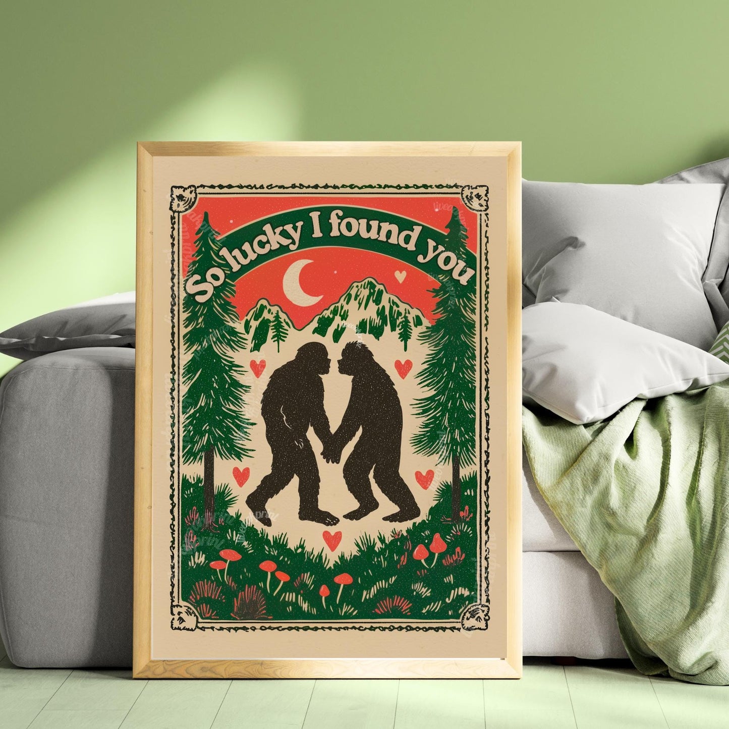 Bigfoot Wall Art - Bigfoot Valentine's Day Gift Sasquatch Wall Decor PNW Gift Ideas Romantic Couple Print