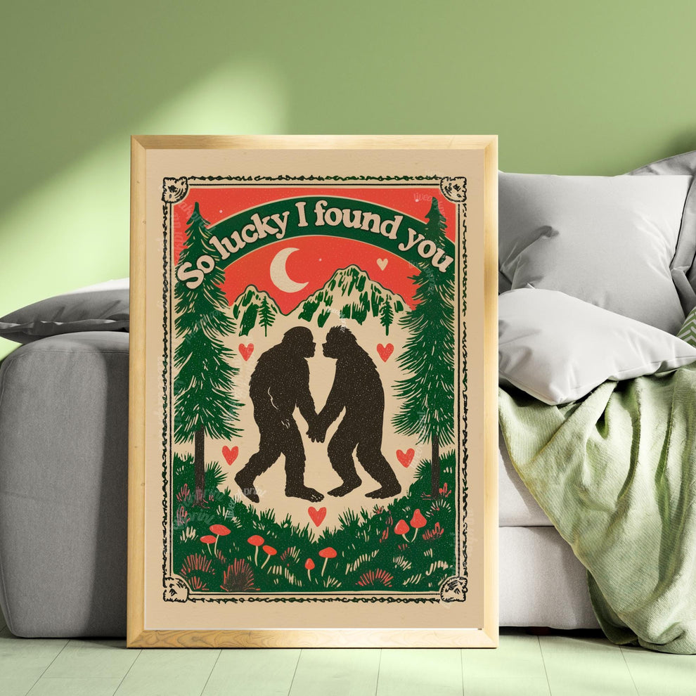 Bigfoot Wall Art - Bigfoot Valentine's Day Gift Sasquatch Wall Decor PNW Gift Ideas Romantic Couple Print