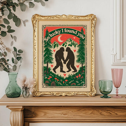 Bigfoot Wall Art - Bigfoot Valentine's Day Gift Sasquatch Wall Decor PNW Gift Ideas Romantic Couple Print