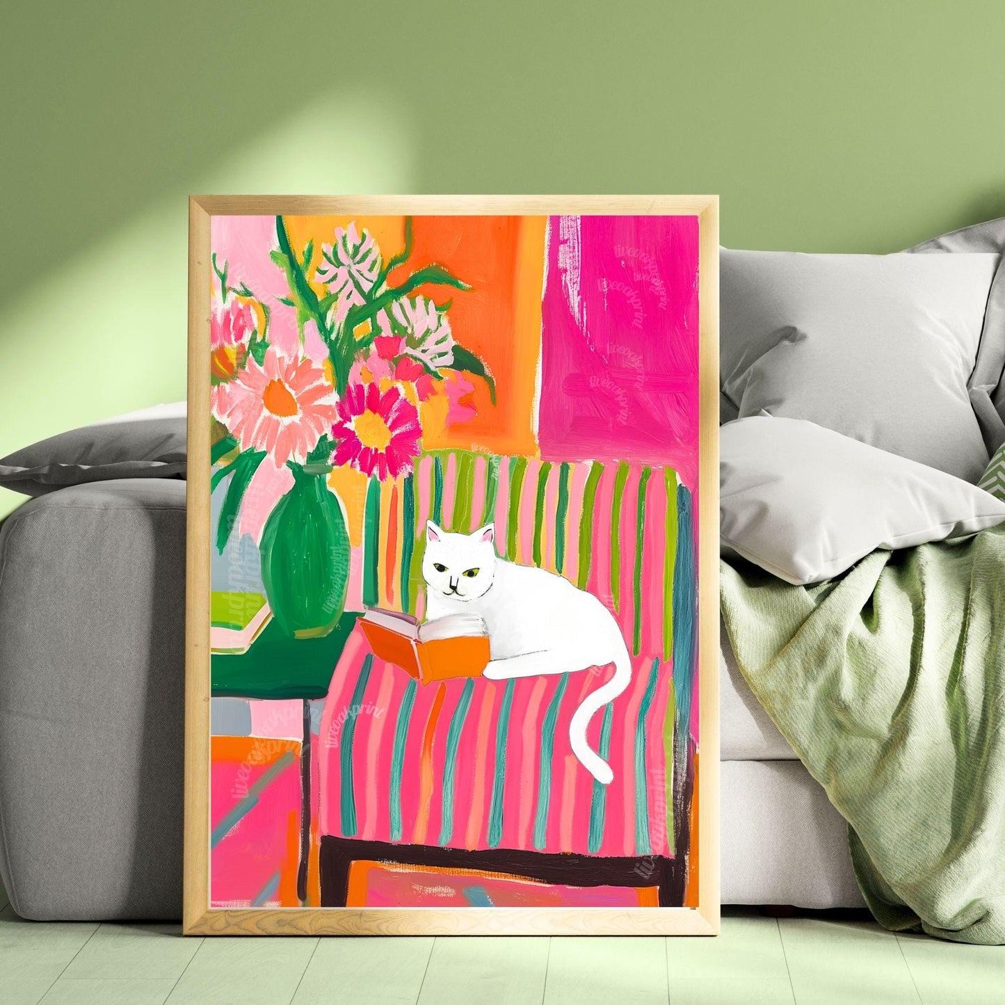 White Cat Reading Print – White Cat Wall Art Cozy Reading Nook Decor White Cat Gift for Book Lovers Dopamine Bookish Wall Art