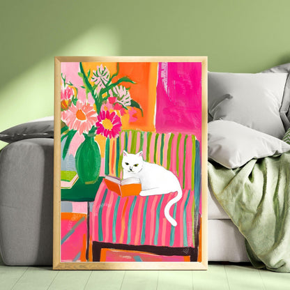 White Cat Reading Print – White Cat Wall Art Cozy Reading Nook Decor White Cat Gift for Book Lovers Dopamine Bookish Wall Art