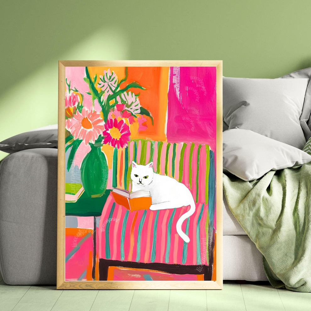 White Cat Reading Print – White Cat Wall Art Cozy Reading Nook Decor White Cat Gift for Book Lovers Dopamine Bookish Wall Art