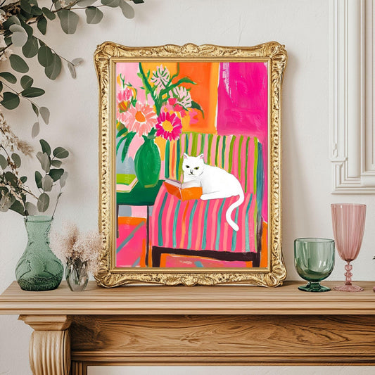 White Cat Reading Print – White Cat Wall Art Cozy Reading Nook Decor White Cat Gift for Book Lovers Dopamine Bookish Wall Art