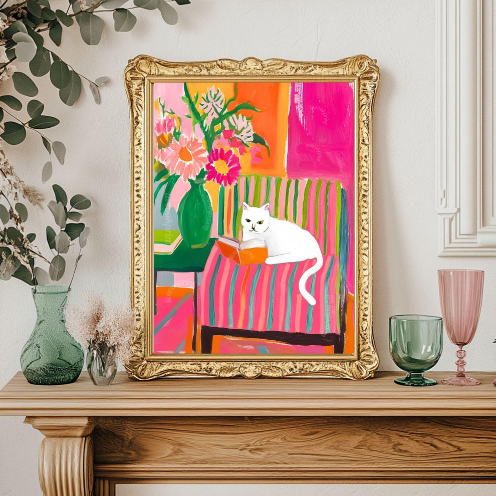 White Cat Reading Print – White Cat Wall Art Cozy Reading Nook Decor White Cat Gift for Book Lovers Dopamine Bookish Wall Art