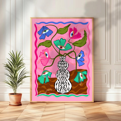 Soft Surreal Eye Flower Print – Pink Trippy Maximalist Wall Art Dopamine Vase Poster Funky Retro Decor Dopamine Aesthetic Eyeball Art