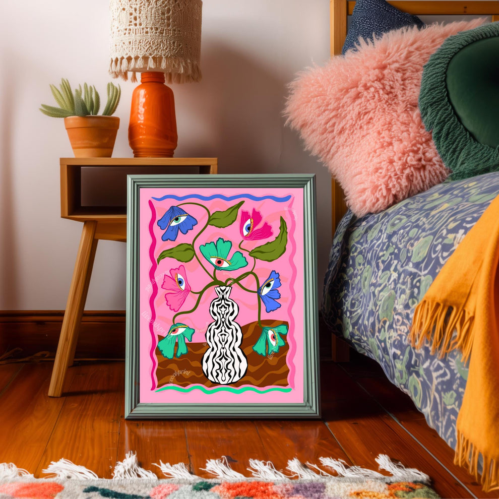 Soft Surreal Eye Flower Print – Pink Trippy Maximalist Wall Art Dopamine Vase Poster Funky Retro Decor Dopamine Aesthetic Eyeball Art