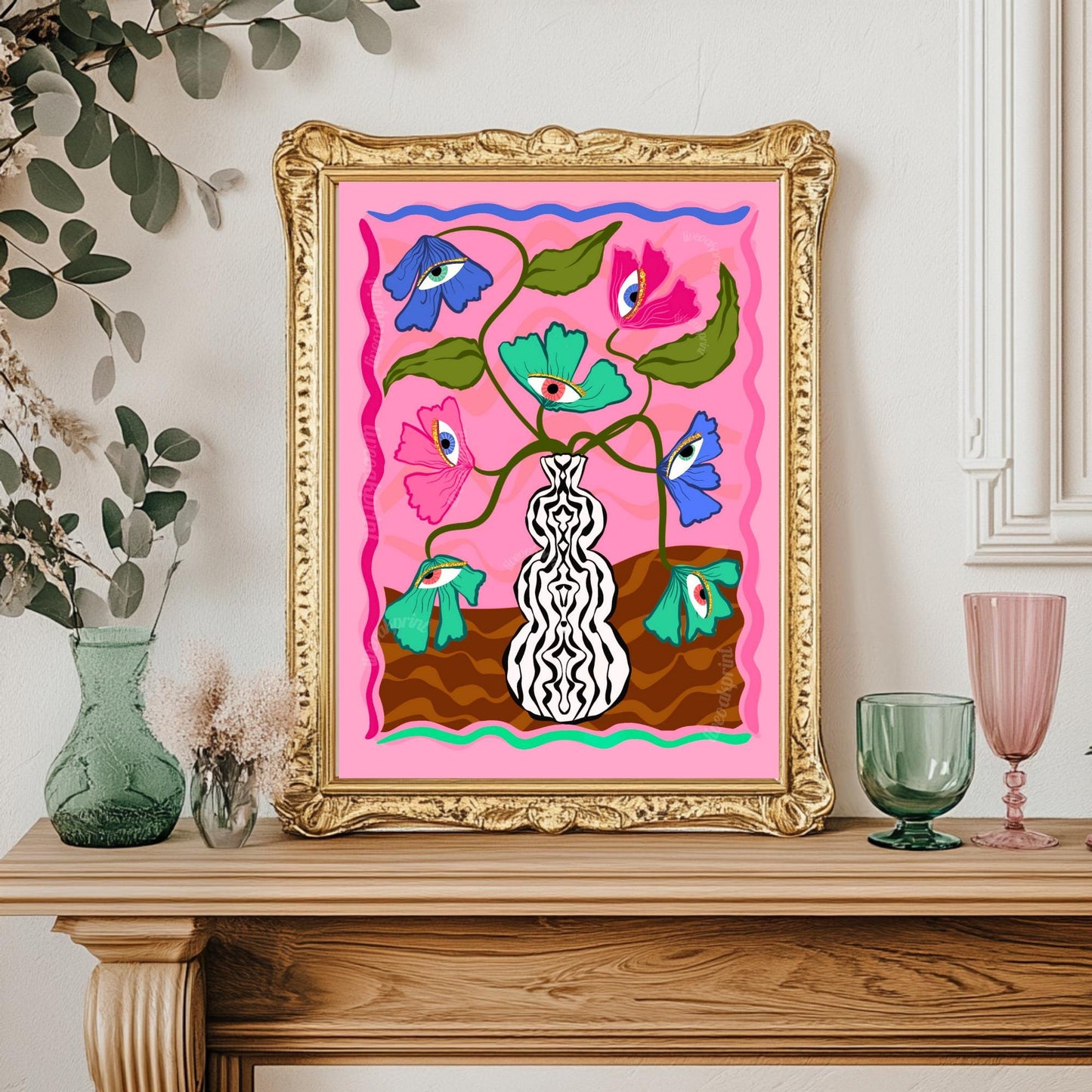 Soft Surreal Eye Flower Print – Pink Trippy Maximalist Wall Art Dopamine Vase Poster Funky Retro Decor Dopamine Aesthetic Eyeball Art