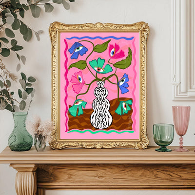 Soft Surreal Eye Flower Print – Pink Trippy Maximalist Wall Art Dopamine Vase Poster Funky Retro Decor Dopamine Aesthetic Eyeball Art