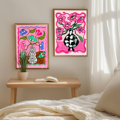 Soft Surreal Eye Flower Print – Pink Trippy Maximalist Wall Art Dopamine Vase Poster Funky Retro Decor Dopamine Aesthetic Eyeball Art