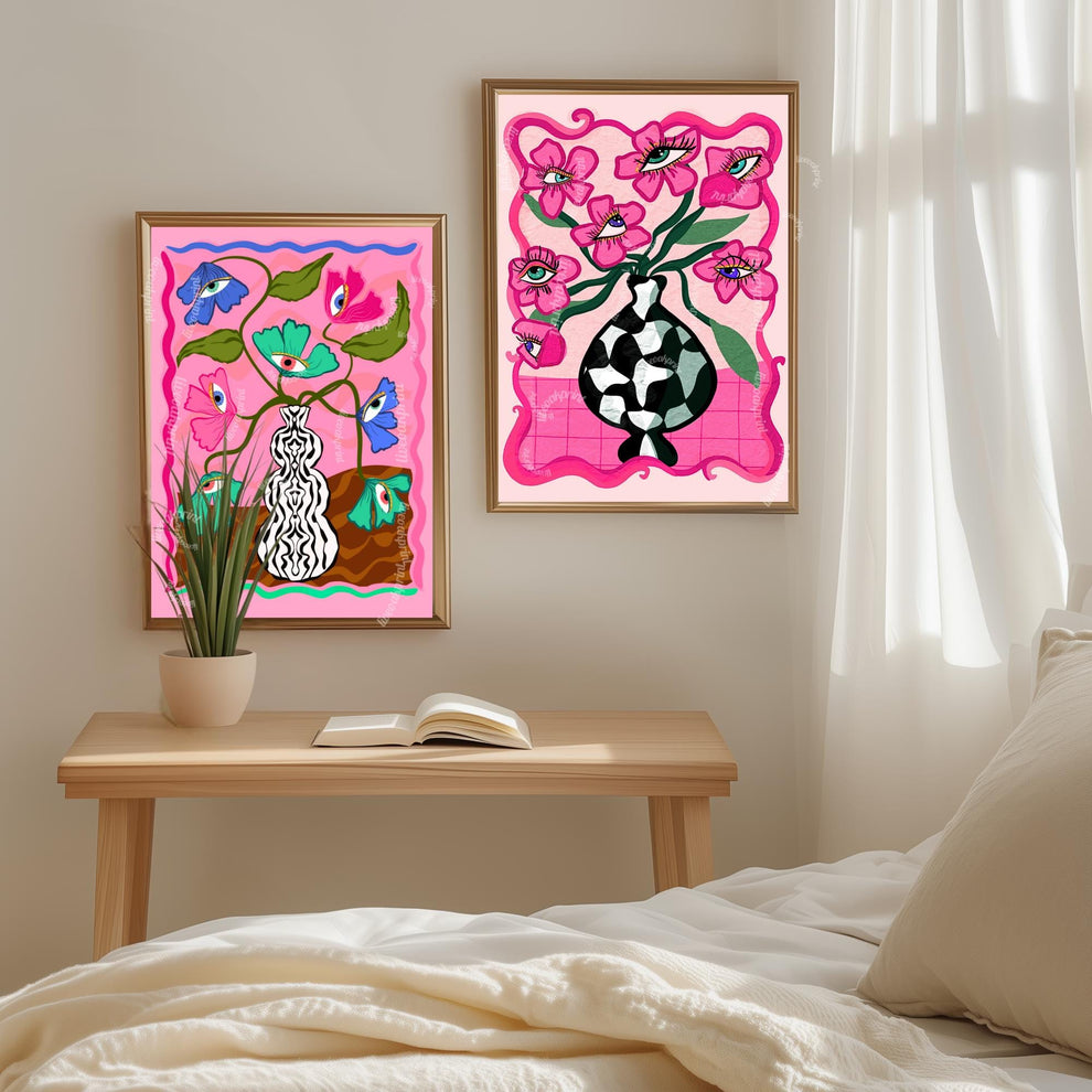 Soft Surreal Eye Flower Print – Pink Trippy Maximalist Wall Art Dopamine Vase Poster Funky Retro Decor Dopamine Aesthetic Eyeball Art