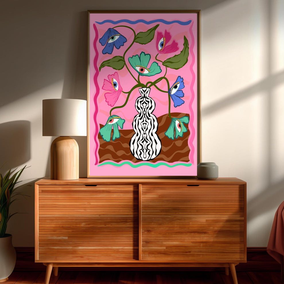 Soft Surreal Eye Flower Print – Pink Trippy Maximalist Wall Art Dopamine Vase Poster Funky Retro Decor Dopamine Aesthetic Eyeball Art